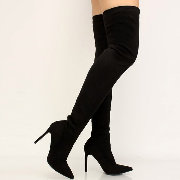 HOT🔥 Black Stretchy Over The Knee High Boots Stiletto Heel Pointed Toe Pull-On - Picture 4 of 7